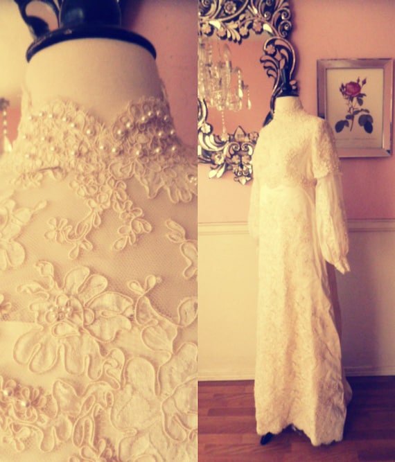 Romantic 1960's Edwardian Style Wedding Gown and Matching Cathedral Veil- Small