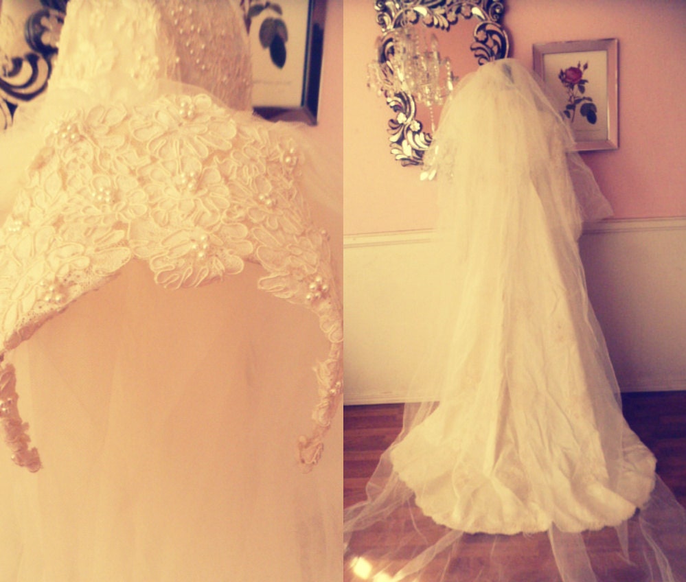 Romantic 1960's Edwardian Style Wedding Gown and Matching Cathedral Veil- Small