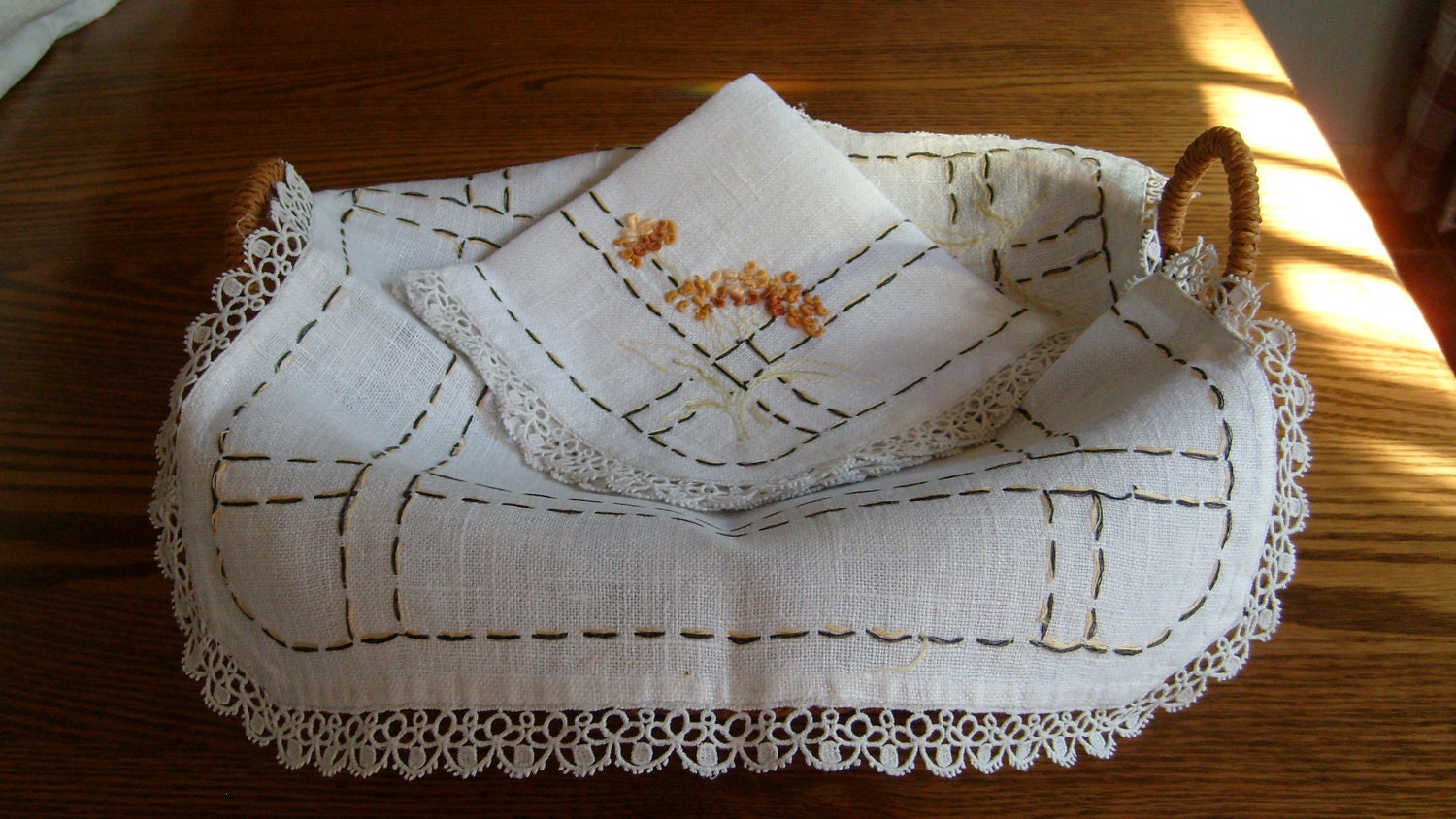 Bread Cloths, Two Hand Embroidered with Tatted Edge