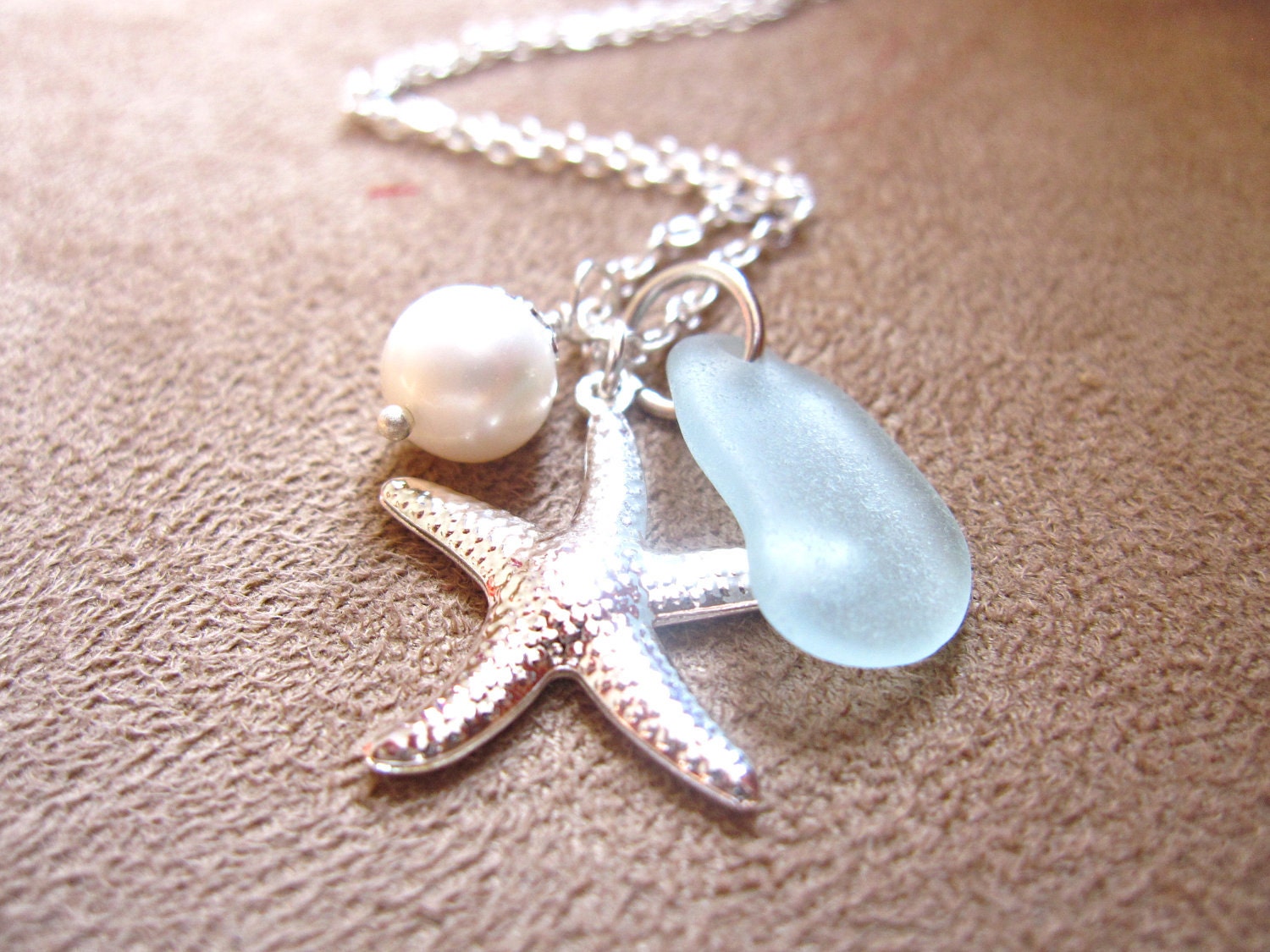 Seafoam Seaglass Necklace with Starfish & fresh water pearl - Perfect nautical gift for beach lovers, sisters, girlfriends FREE SHIPPING
