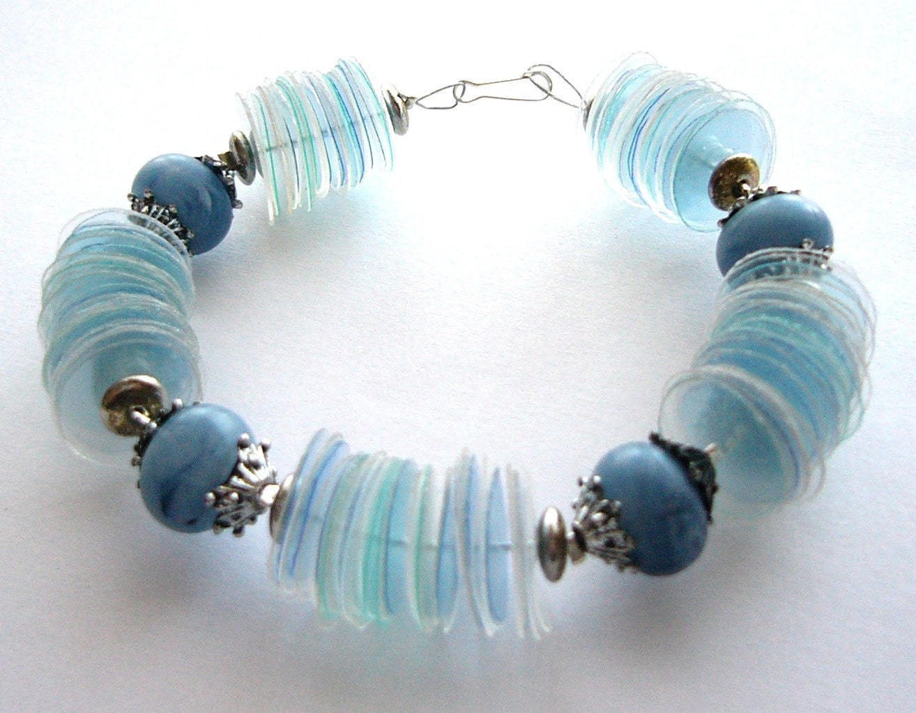 Upcycled jewelry blue bracelet eco friendly made of recycled plastic bottles - water, spring, summer
