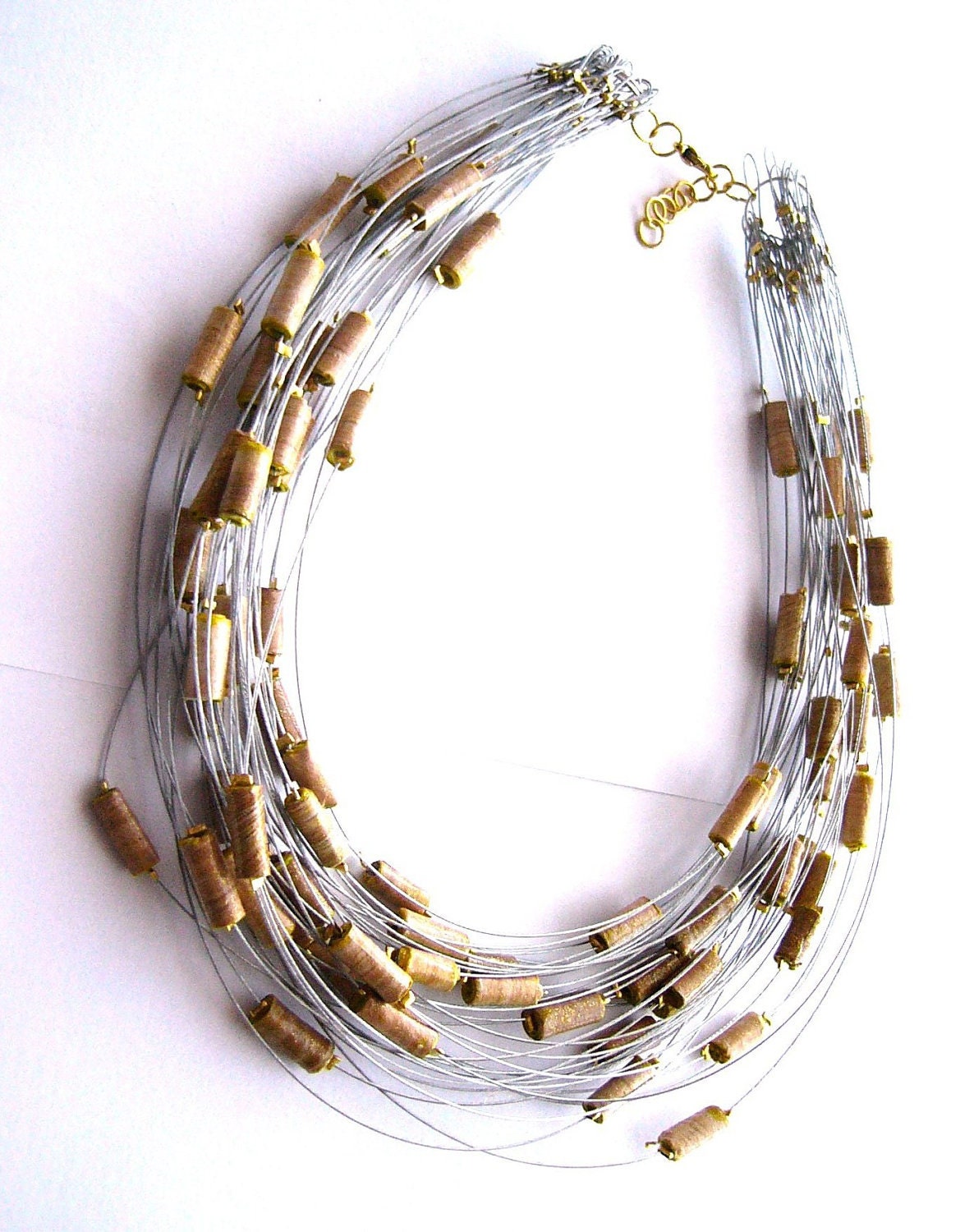Upcycled statement necklace made of paper beads beige, rustic, eco friendly, recycled, sunny, natural