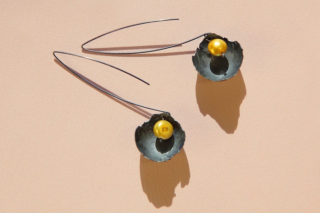 Unique Jewelry, sterling silver handmade, hammered pearl eggshell earrings. Oxidized