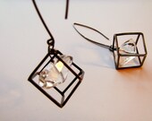 Modern Jewelry. Long sterling silver oxidized cube earrings with a crystal.