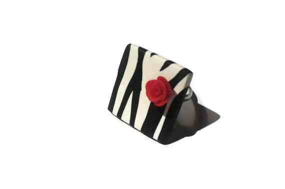 Zebra and Rose ring     handmade Polymer clay