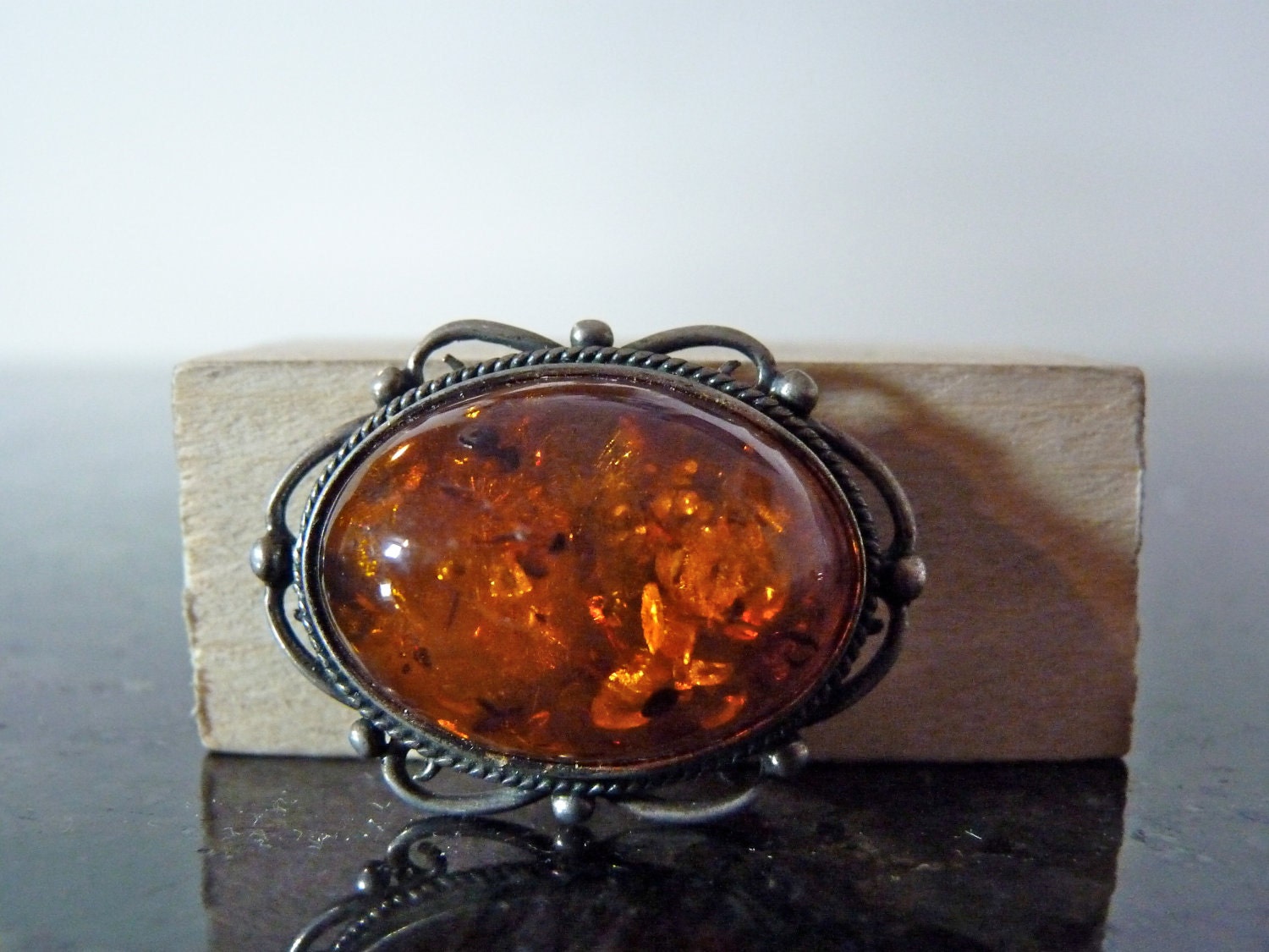 SALE Vintage Silver Beautiful Amber Brooch Pin