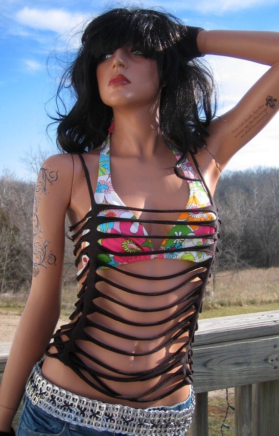 Destroyed BlackShredded TShirt Cover Up Layer Shirt