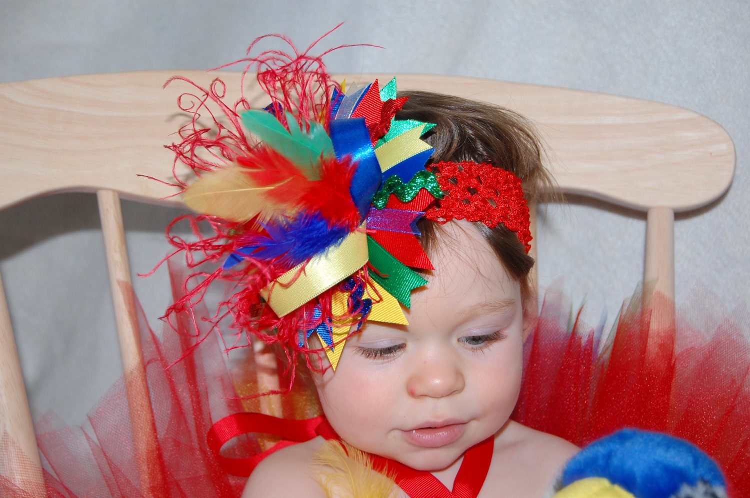 Parrot Costume set: Parrot themed Over the Top Hair Bow, Bright Red Tutu Halter Dress with tulle "tail feathers"