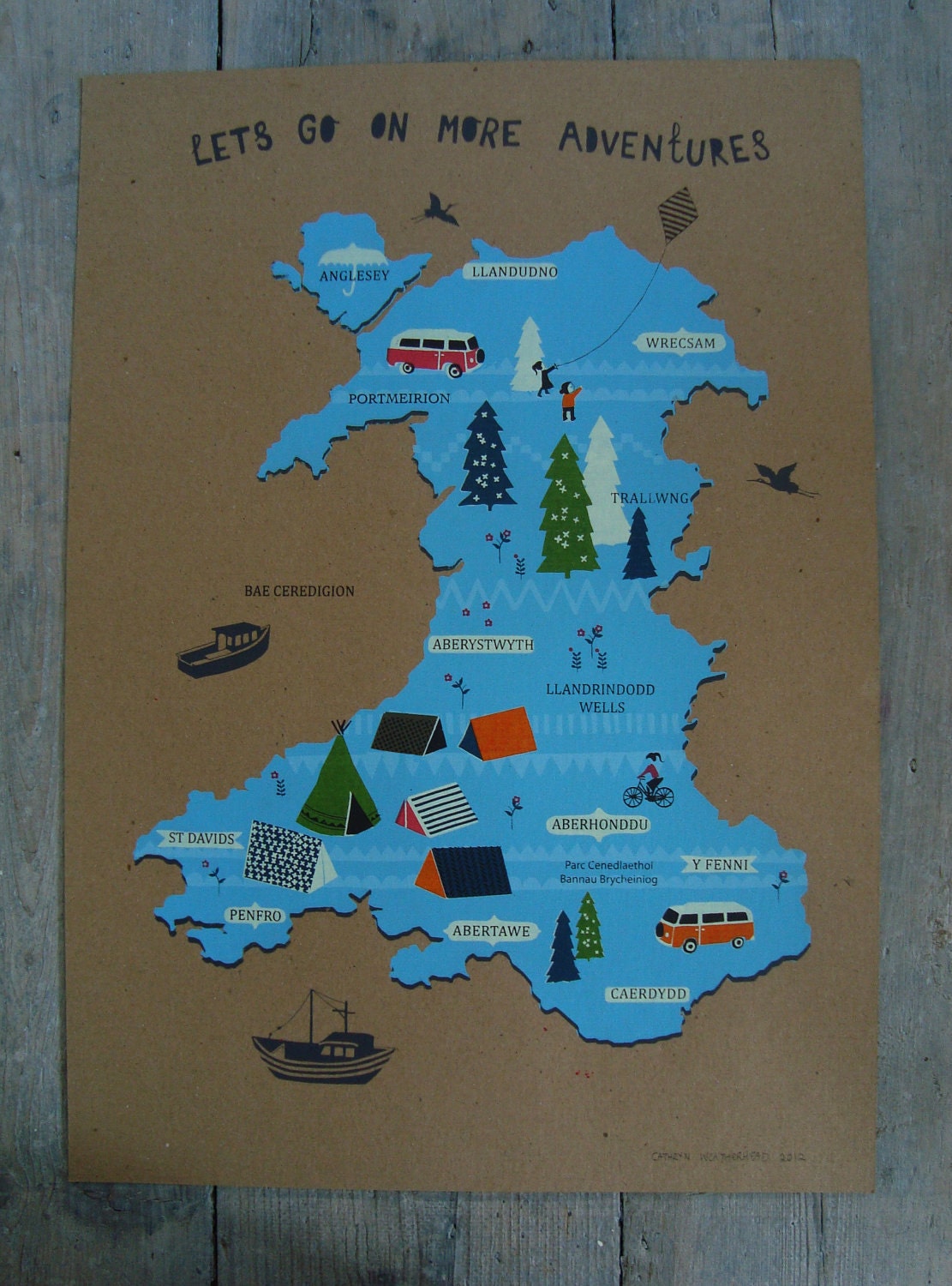 Screen Printed Welsh Wales Map on Recycled Paper