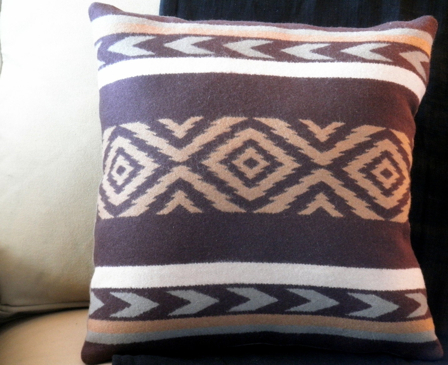 Native graphic pattern, Pendleton pillow, wool Blanket weight fabric, earth tones of brown and tan, 16 x 16