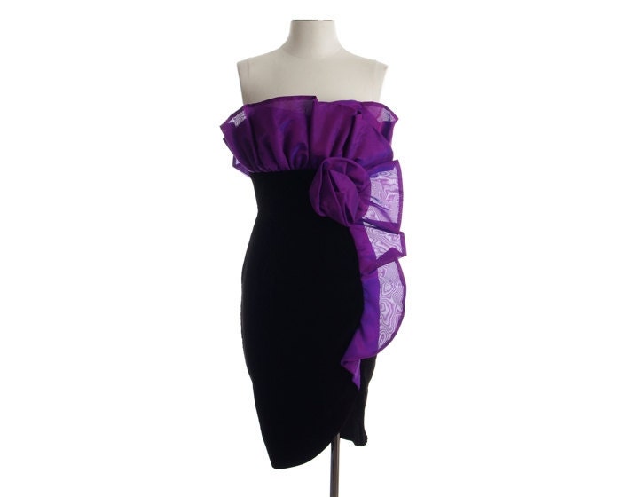 Vintage 80s Party Dress - Velvet Strapless Origami Dress - S