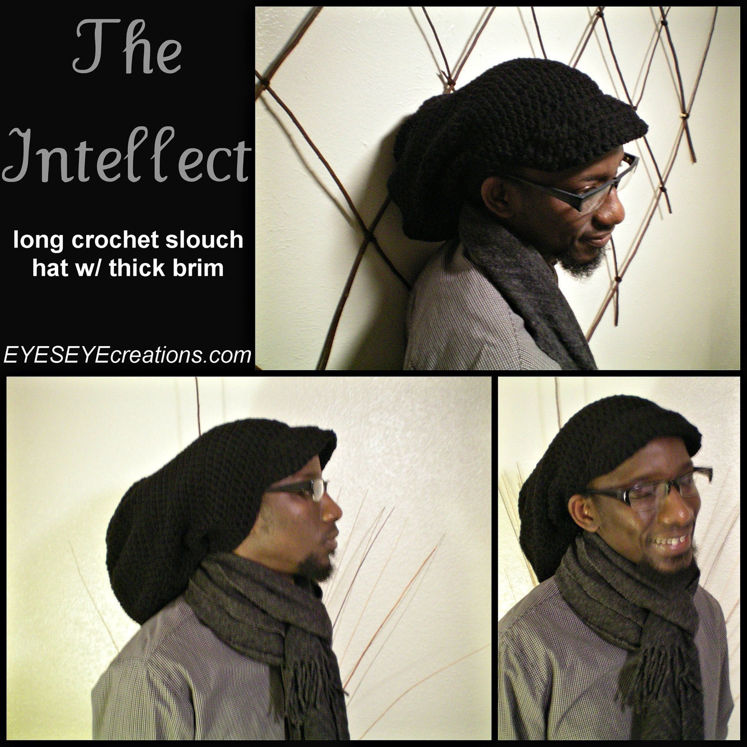 THE INTELLECT - long crochet slouch tam, dreadlock hat, black, brim, rasta, loc cap -Made to Order