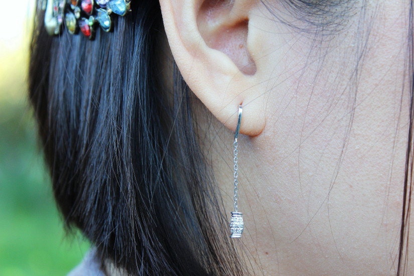 Heart shape hoop diamond earring dangling.Tiny Diamond Long Dangle.White Gold with Diamond Tiny Long Dangle.