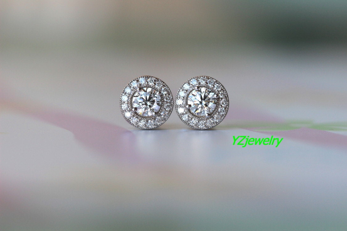 14k White Gold Dinamond Cluster Earrings. Round Diamond   Halo earring / Circle shape / weeding gift / bridal fashion  . YZjewelry on Etsy