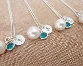 Bridesmaid Gift - Bridesmaids Necklace - Bridesmaid Jewelry - Set of 6 Necklace - White Pearl - Birthstone Initial Disc Pendant  Silver