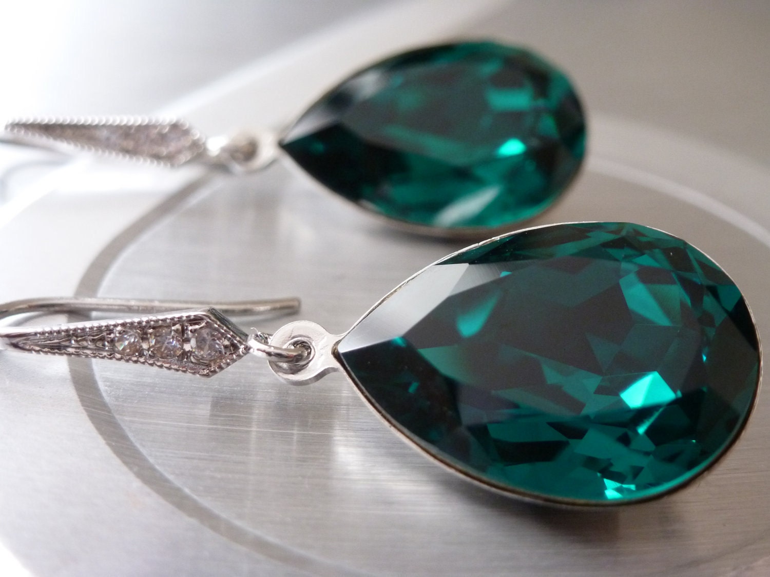 Emerald Earrings - Crystal Green Emerald Earrings - Crystal Swarovski Cabochon - Ear wires Zirconia