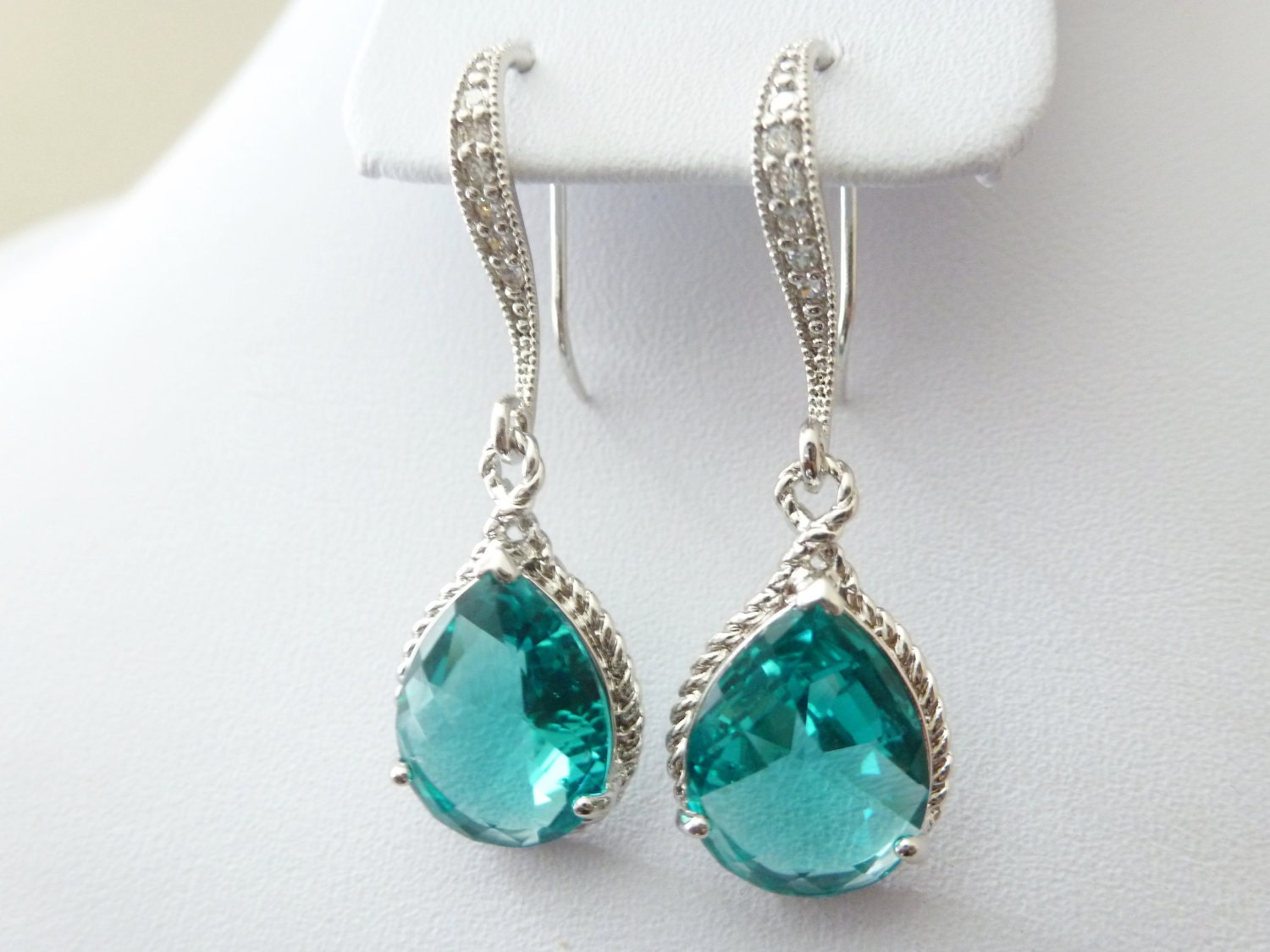 Sea green Blue Teardrop Glass - Ocean Earrings - Wedding Earrings - Bridesmaids earrings - Zirconia Ear wires