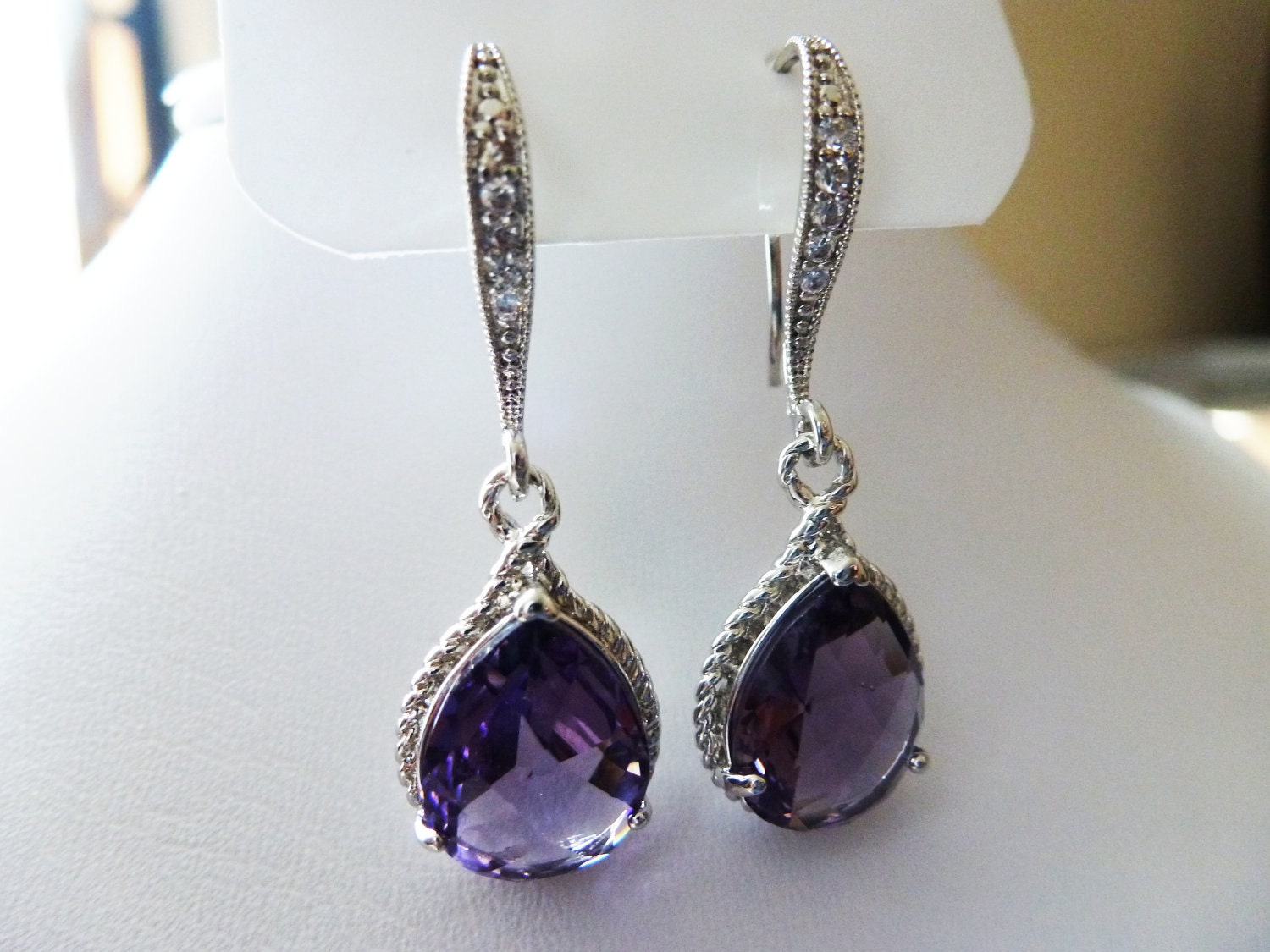Amethyst Earrings - Purple silver Earrings Teardrop Glass - Bridesmaids gifts Earrings - Wedding earrings - Cubic Zirconia Ear wires