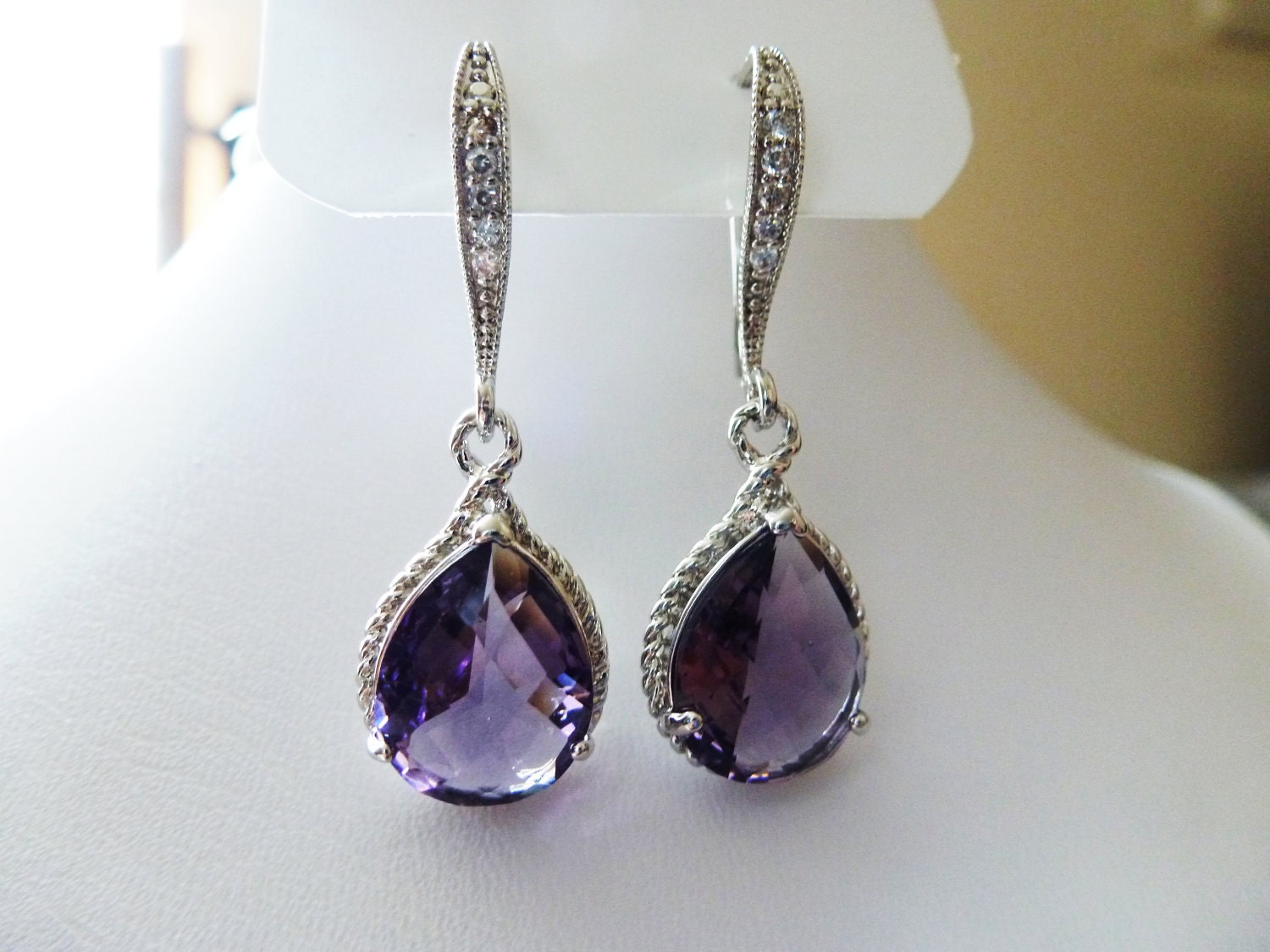 Amethyst Earrings - Purple silver Earrings Teardrop Glass - Bridesmaids gifts Earrings - Wedding earrings - Cubic Zirconia Ear wires