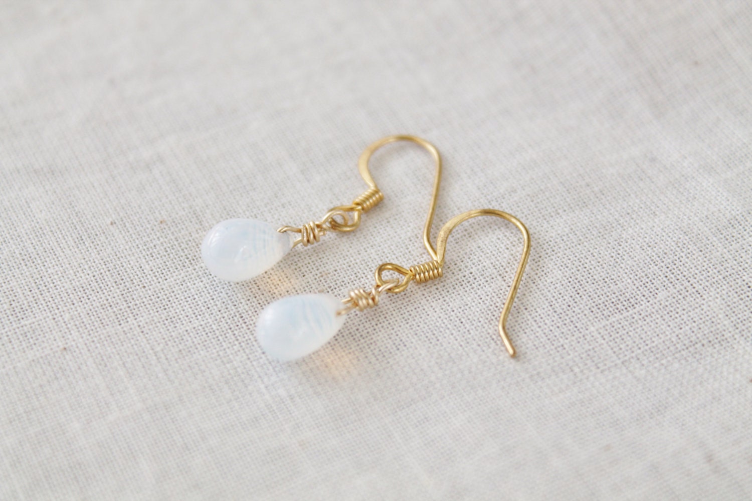 Milky white teardrop earrings - gold ear hooks - czech glass beads - dangle simple everyday modern minimal jewelry