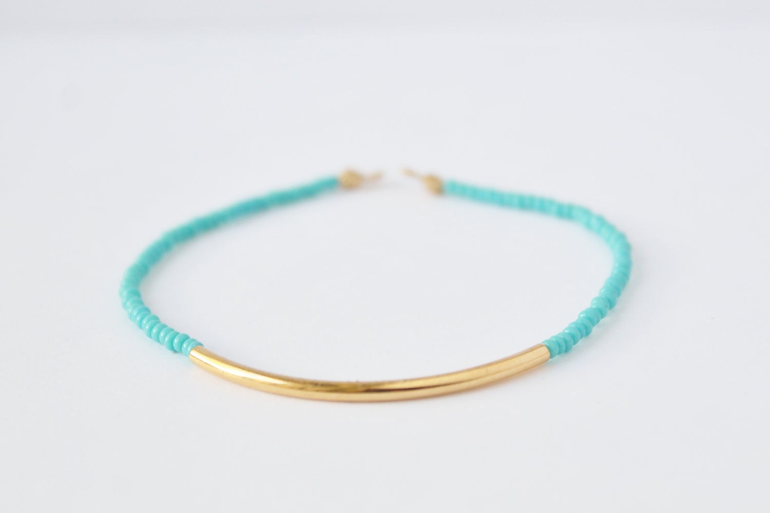 Gold bar and blue beaded bracelet - modern dash - turquoise czech glass seed beads - minimalist simple jewelry by fildee