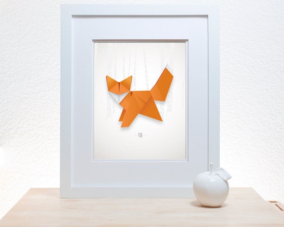 Origami Fox Print - 11x14 modern decor wall poster art paper folding japanese woodland forest creature wild things orange - noodlehug