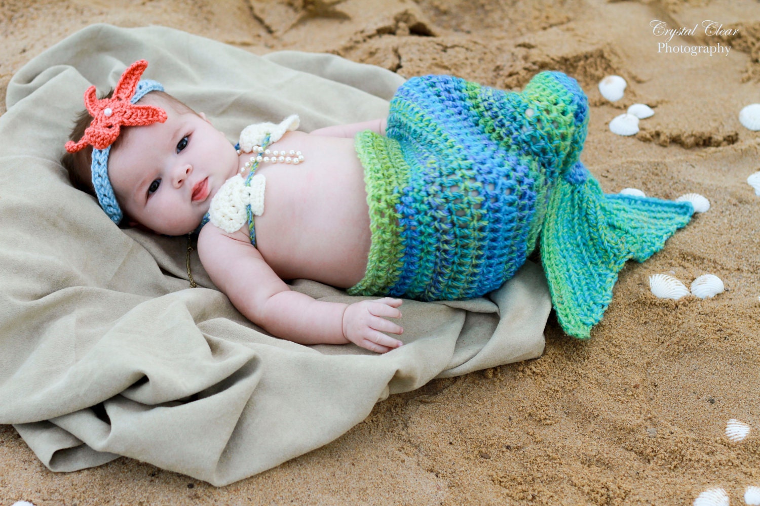 Crochet Mermaid Tail, Photo Prop Set - Newborn to 3 months - Photography Prop, Cocoon - janetlynnebl