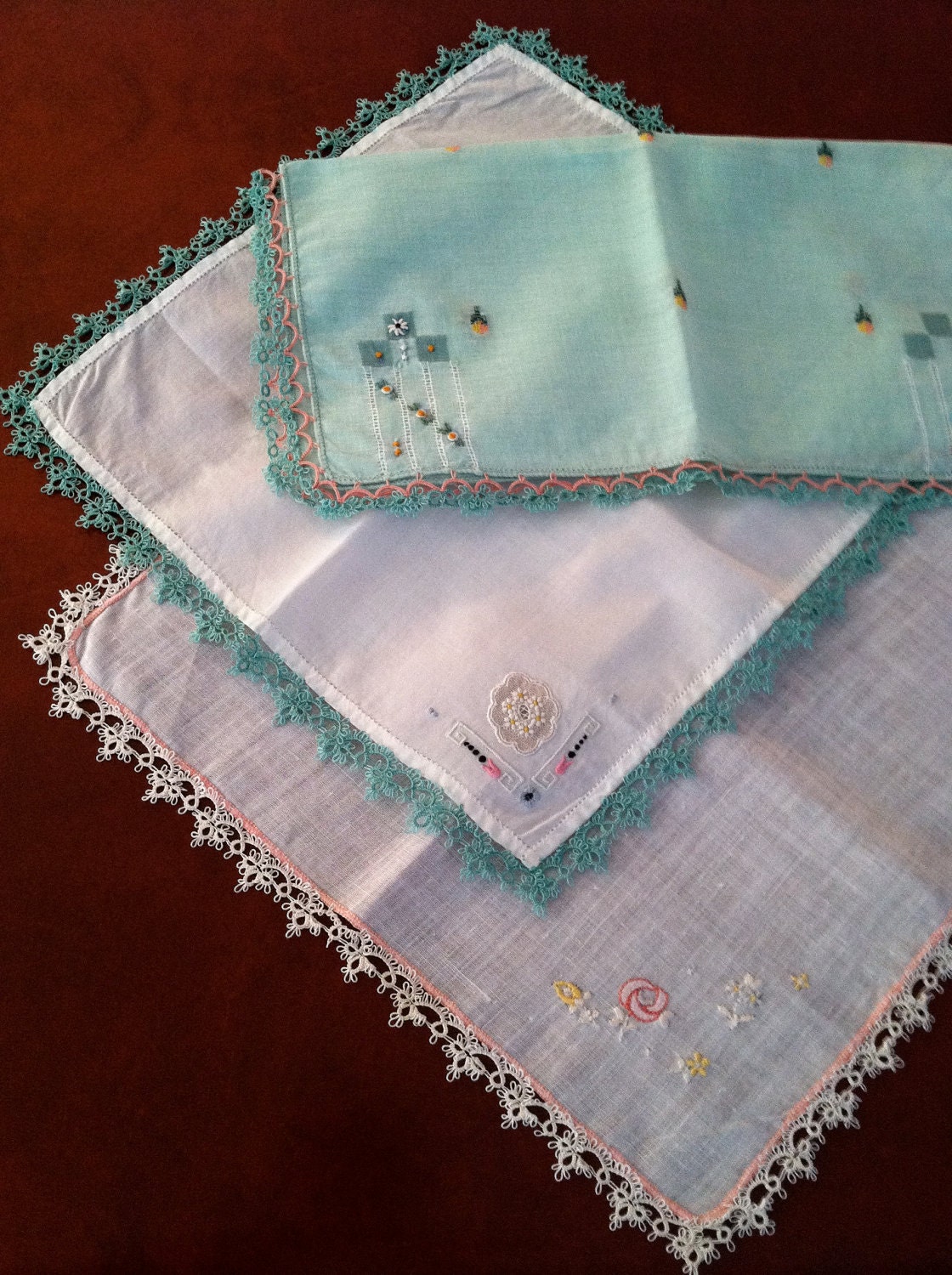 Set of Three Antique Child Hankies with tatted lace trim - TheLinenRoom