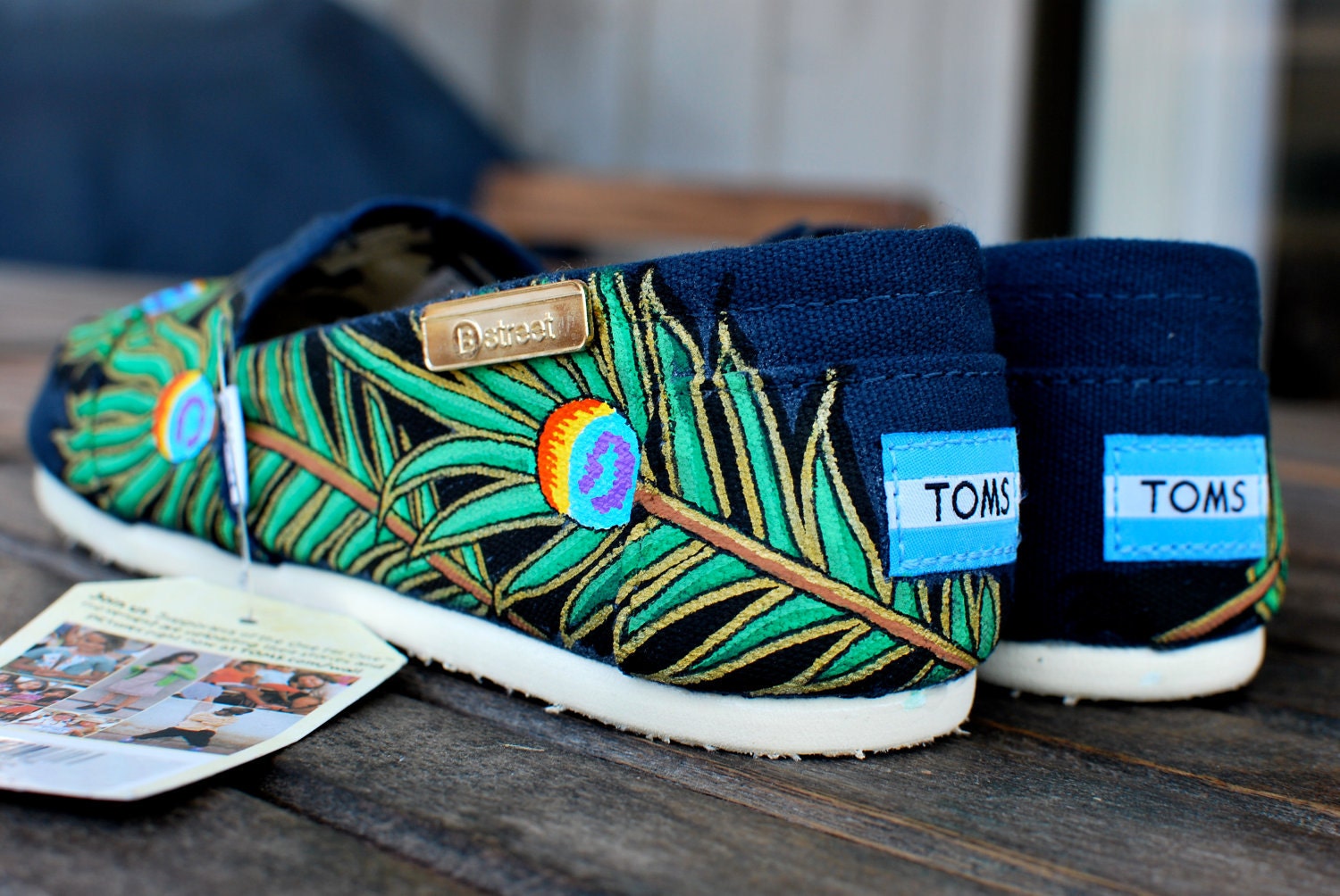 Navy Gold Peacock Feather TOMS shoes