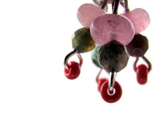 Knitting stitch markers, beaded, wire dangles, handmade, pink, green and brown