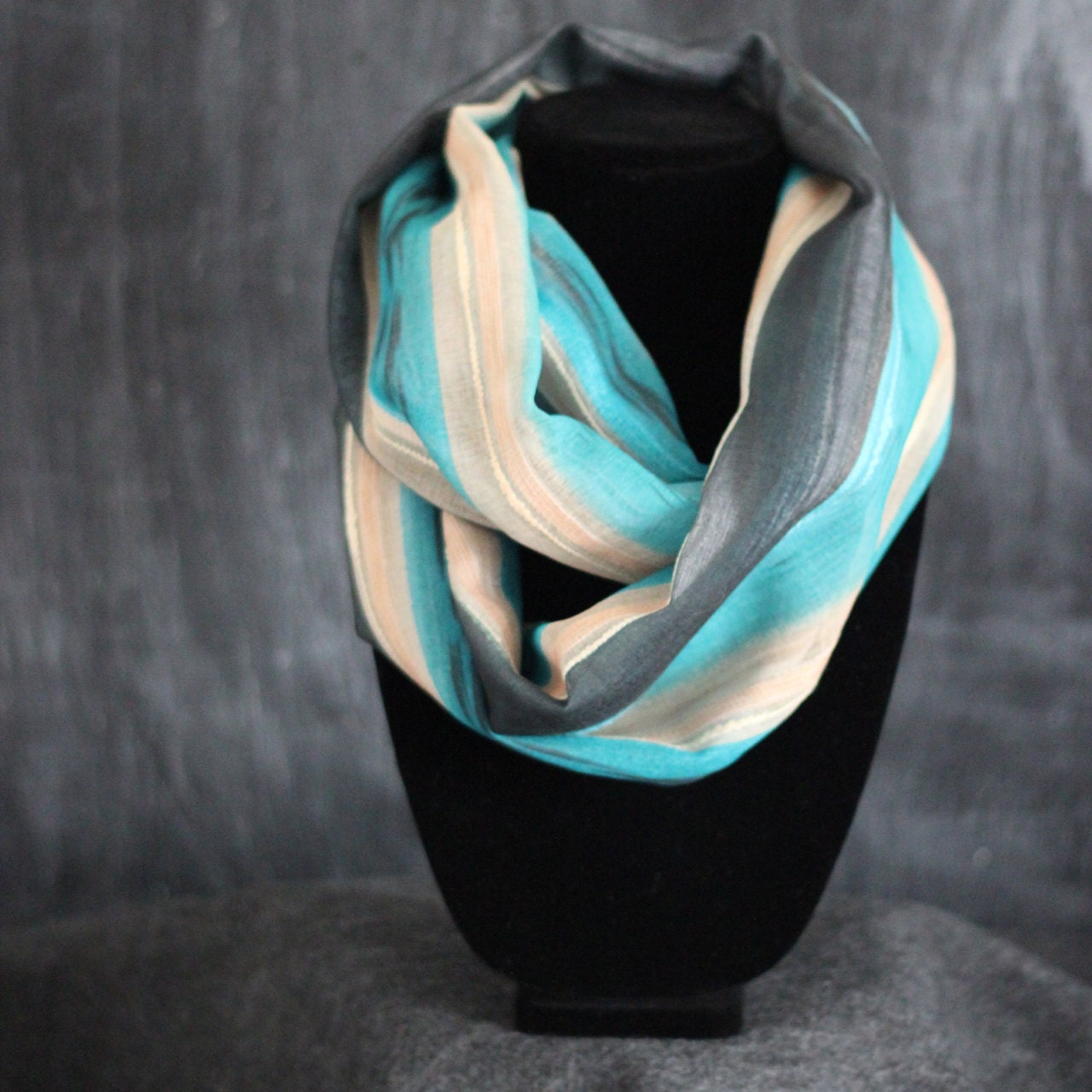 Infinity Scarf - Teal & Beige Stripe - by HelloMrsBrown