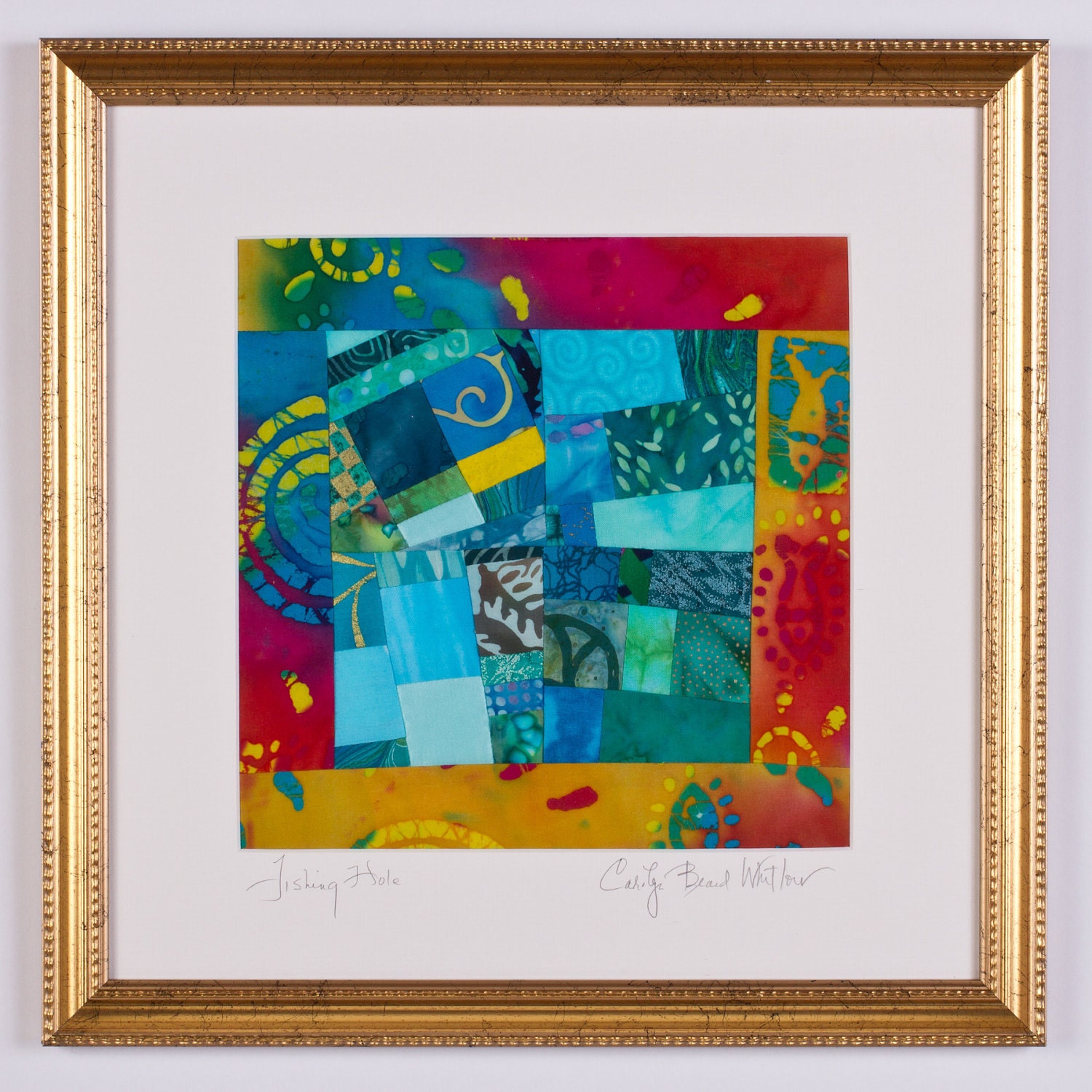 Fine Art Framed Turquoise Art Quilt: Fishing Hole
