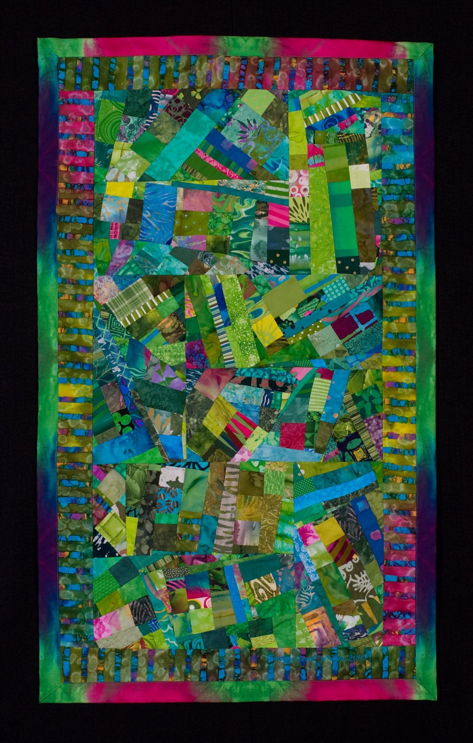 Green Teal Fuschia Improvisational Quilt Wall Hanging