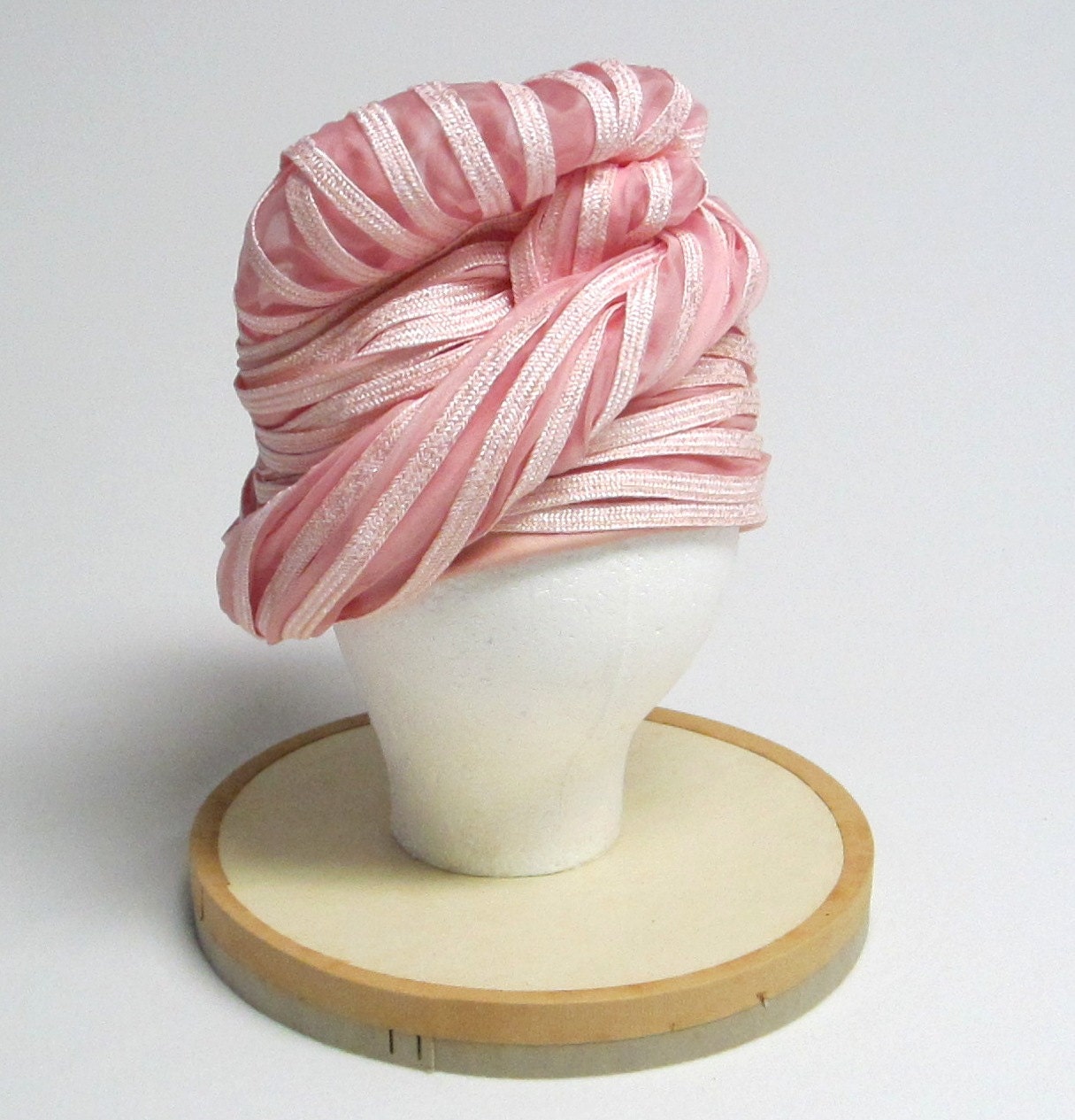 Sally Victor Bubble Gum Pink Mesh Ribbon Swirl Turban