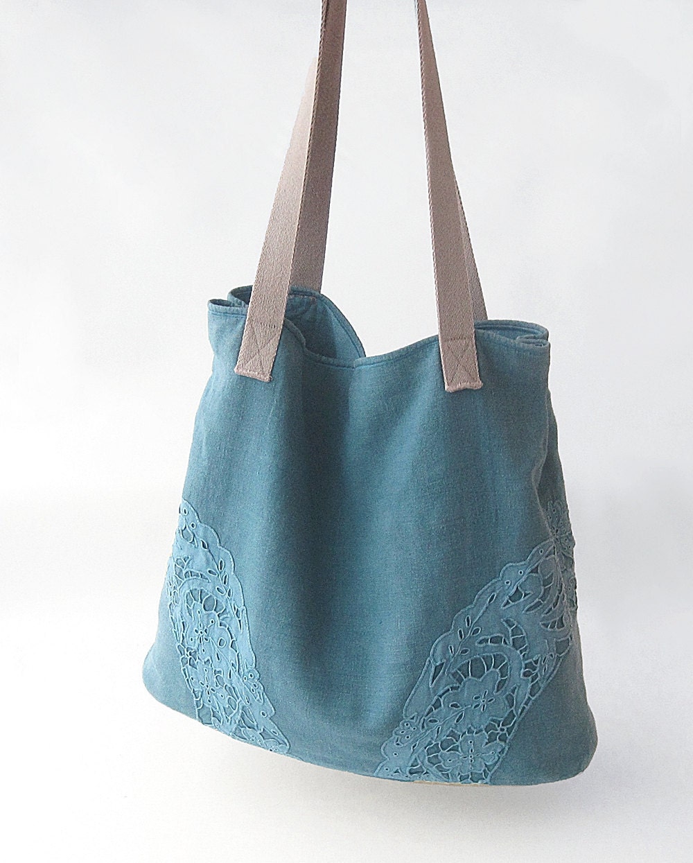 Teal linen and cotton lace TOTE BAG