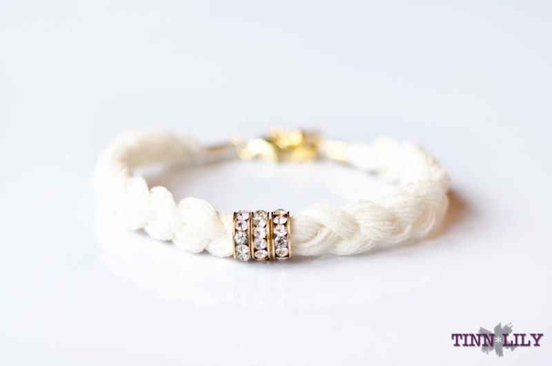 TINNLILY Silk Cream Rhinestone Bracelet with Swarovski Crystals