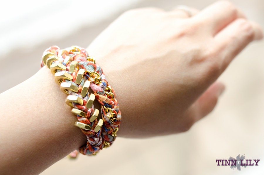 TINNLILY Tangerine Chain and Hex Nut Double Wrap Bracelet