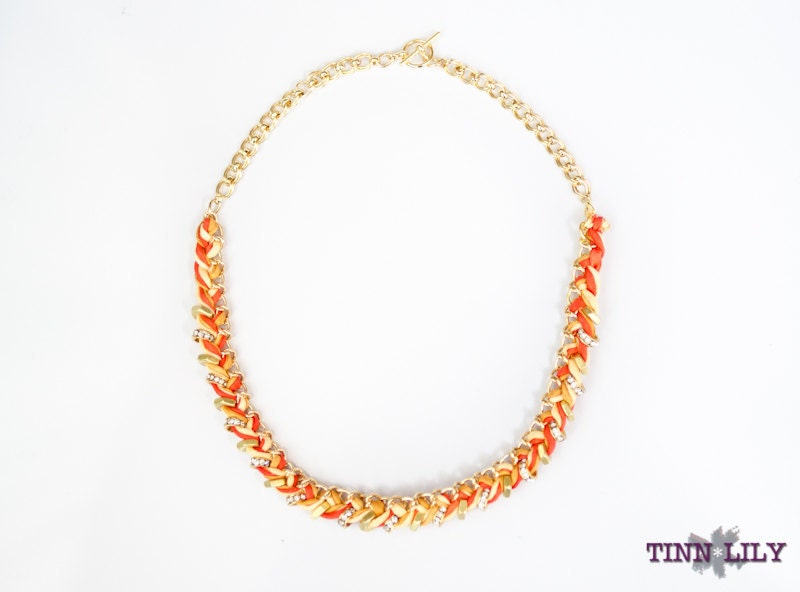 TINNLILY Sparkling Grapefruit Silk Hex Nut and Chain Woven Necklace with Swarovski Crystals