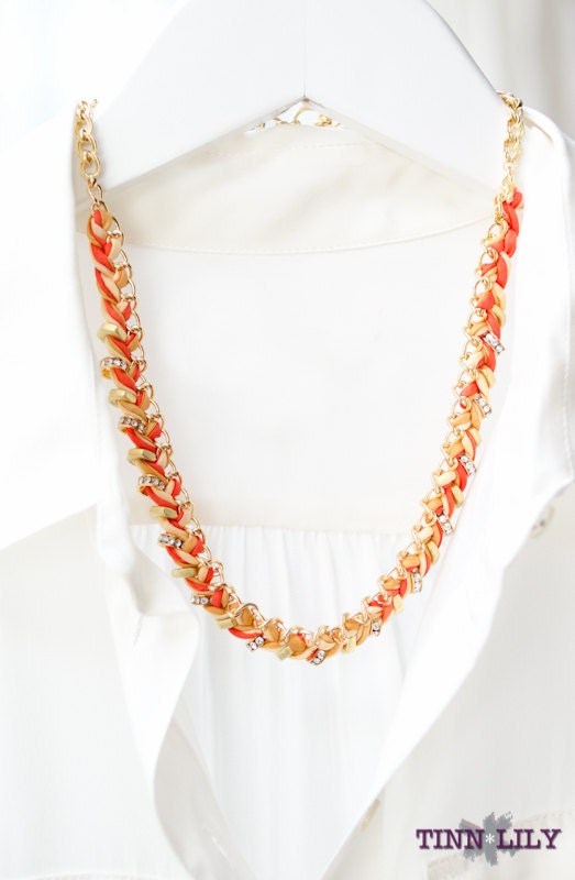 TINNLILY Sparkling Grapefruit Silk Hex Nut and Chain Woven Necklace with Swarovski Crystals