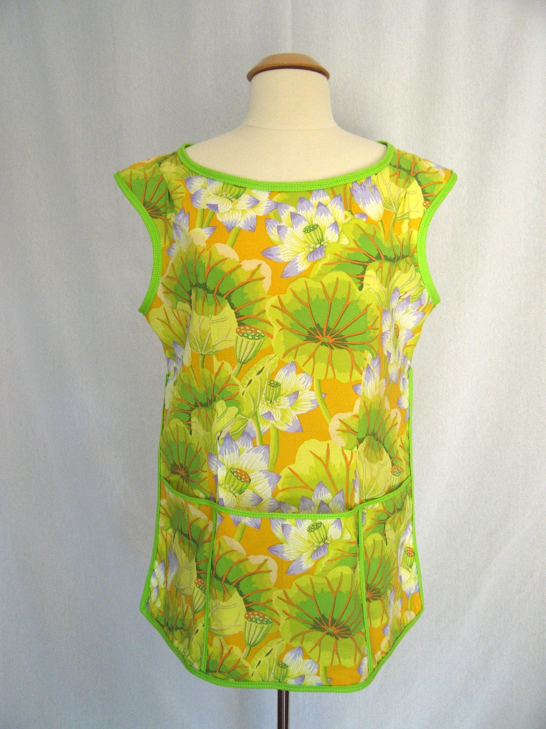 Vintage-style Cobbler Apron with Yellow, Lime Green and Lavendar Lake Blossoms on a Peach Background - Kaffe Fassett Fabric