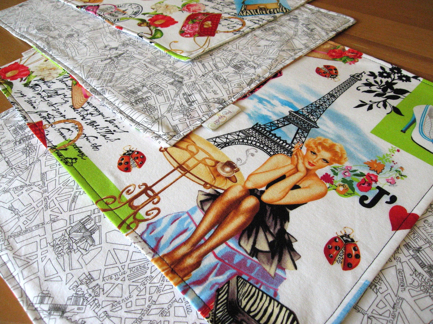 Paris Placemats (4) with Eiffel Tower, French Women, Paris Street Map - Timeless Treasures April in Paris fabric