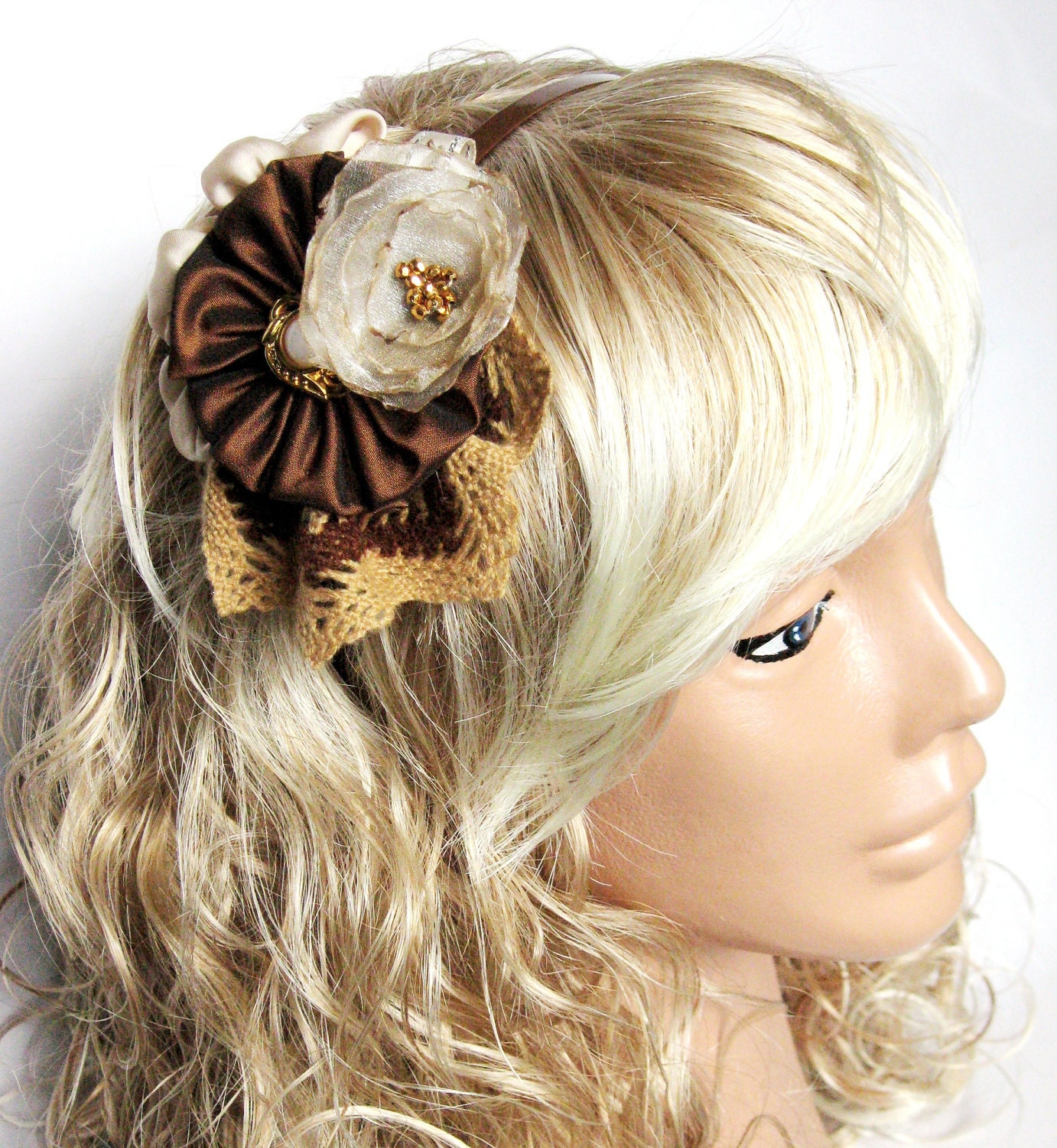 Brown, ivory, womens headband, crown, Unique hair accessory