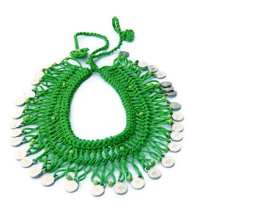 Handmade Green Bib necklace, Details of the Ottoman monogram metal circles, Turkish Mekik Oya Necklace, Summer Fashion Hand made Necklace...