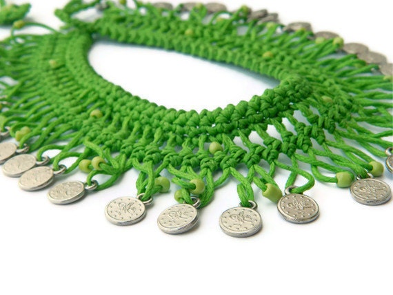 Handmade Green Bib necklace, Details of the Ottoman monogram metal circles, Turkish Mekik Oya Necklace, Summer Fashion Hand made Necklace...