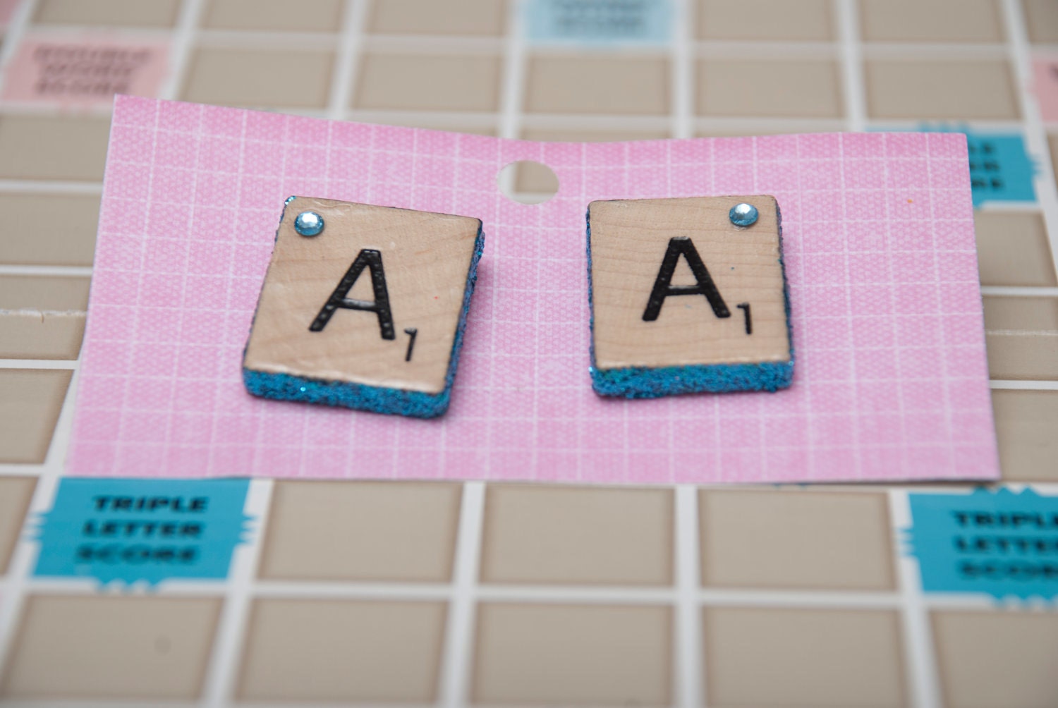 Glitter and Jewel Scrabble Letter Tile Earrings with Swarovski Crystals