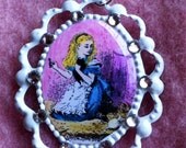 Alice with Dinah Cat and Kittens--John Tenniel Illustration. Hand-colored, Crystals, WHITE metal Cameo with chain