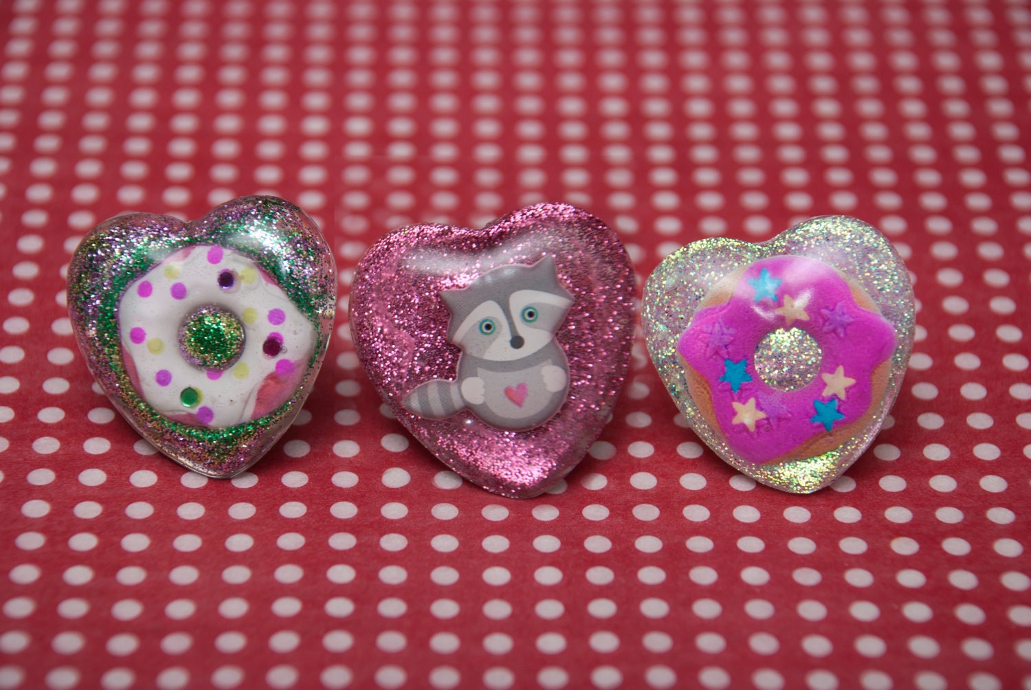 Resin Rings: Donuts, Raccoon, Flounder, Little Red Corvette Muscle Car glitter sprinkles candy cute Hearts