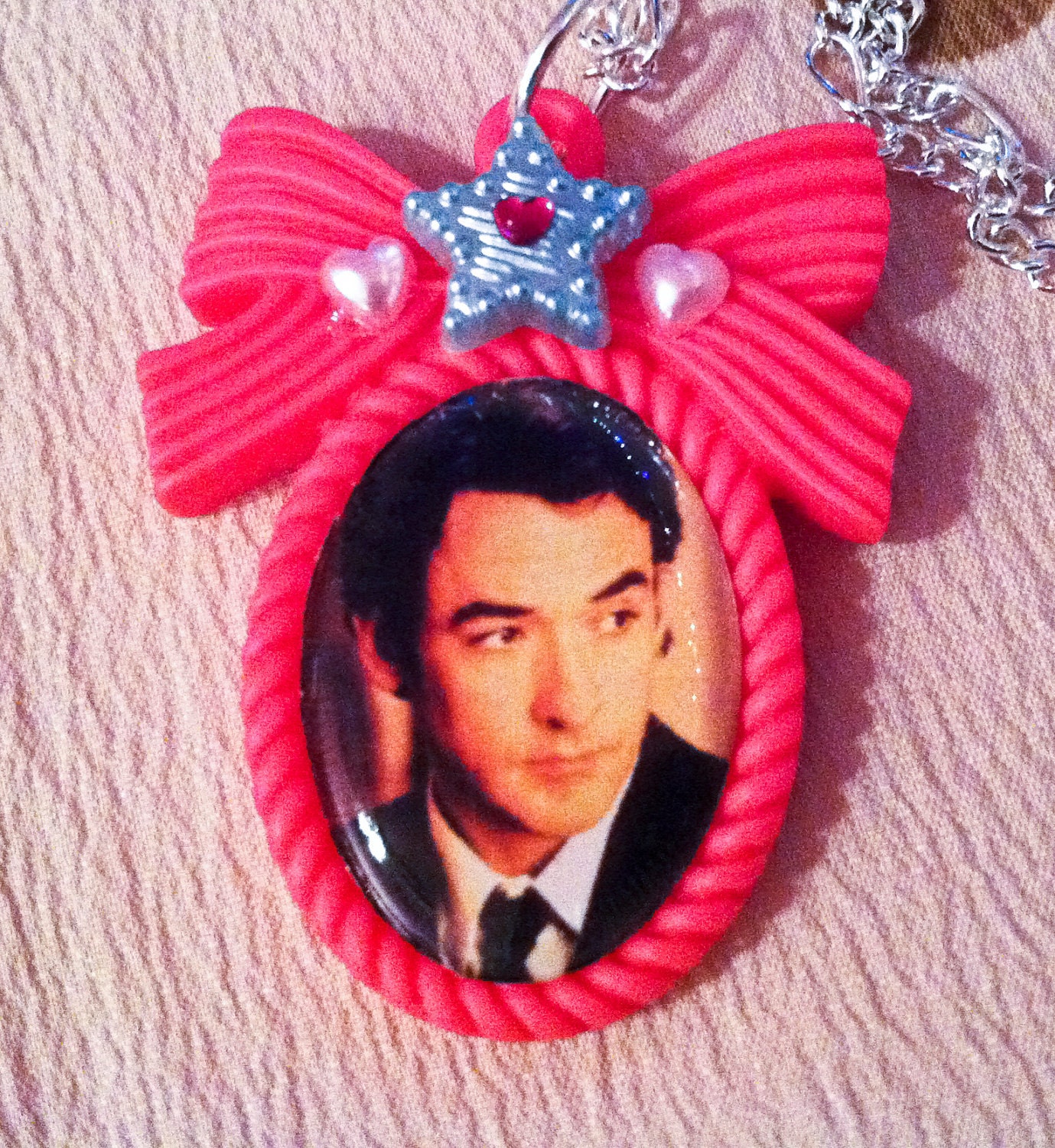 SALE Adorable John Cusack Necklace on a PINK bow cameo with Crystals, Hearts, Pearls. Metal Chain Say Anything America's Sweethearts