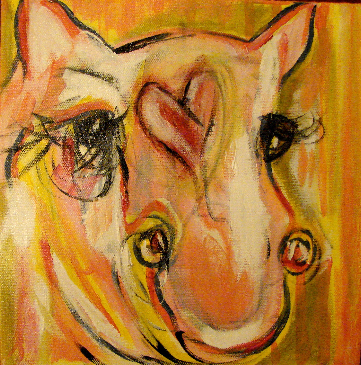 Original Abstract Acrylic Animal Horse Three Canvases Expressionistic 10x30