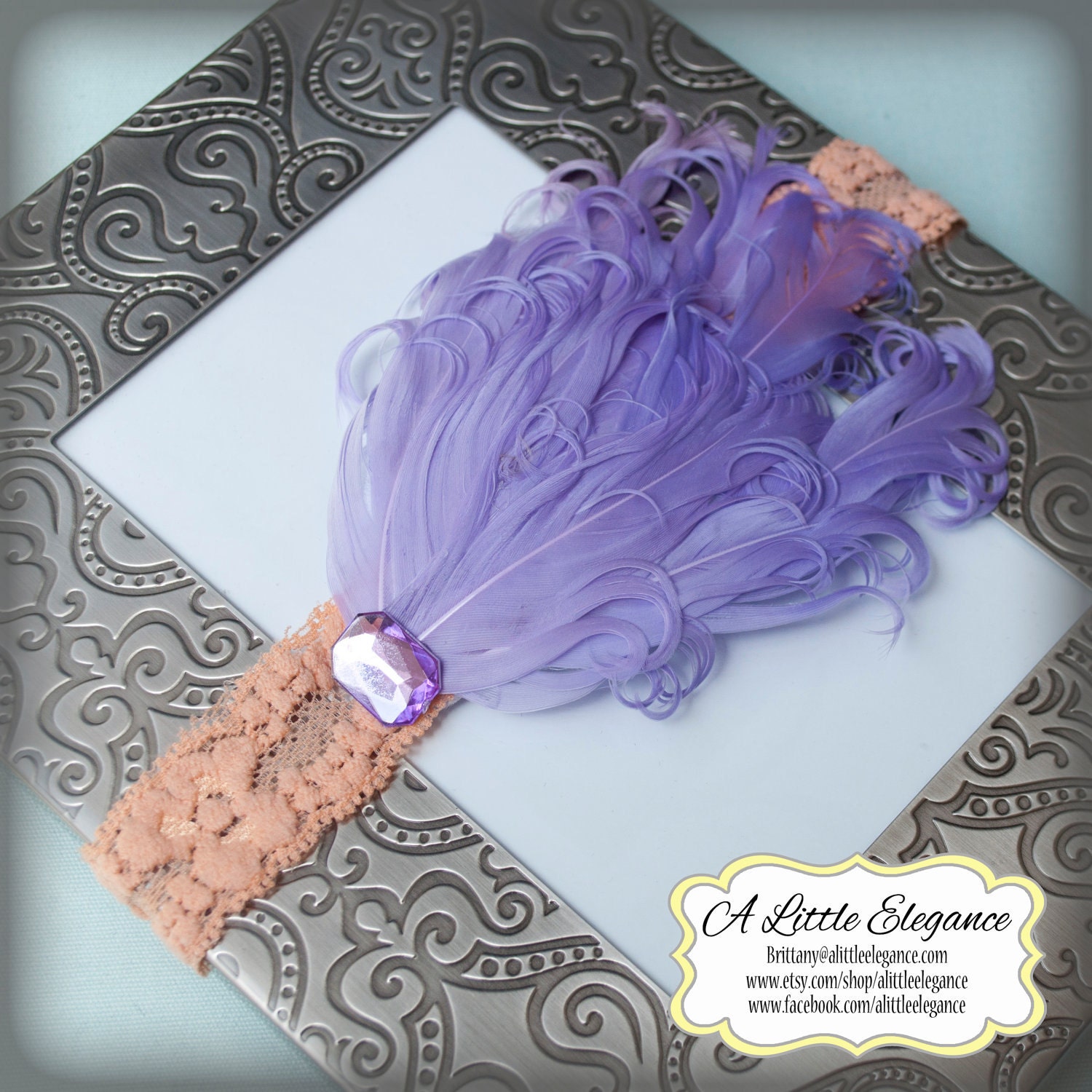 Gorgeous lavendar Nagorie feathers on a coordinating soft tangerine lace headband w/jewel accent